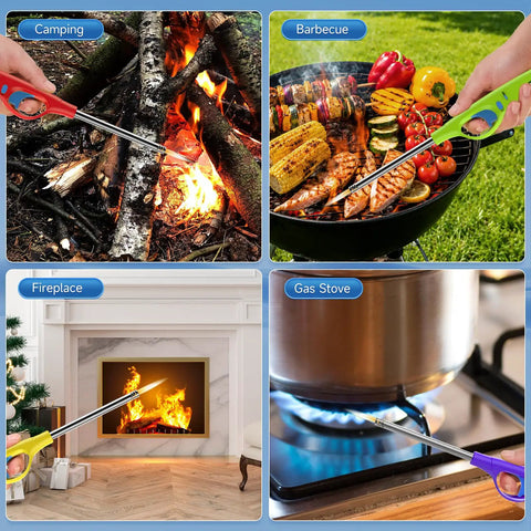4 Pack Refillable Long Stem Lighters with Visible Fuel Window being used for camping, BBQ, fireplace, and gas stove