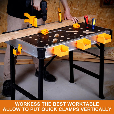Heavy Duty Portable Workbench With 1000 Pound Capacity Folding Work Table in use with tools and quick clamps