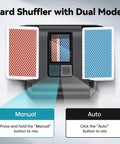 Kpaw Automatic Card Shuffler For Poker showing dual modes with red and blue cards in manual and auto settings.