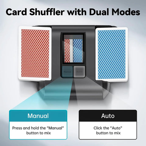 Kpaw Automatic Card Shuffler For Poker showing dual modes with red and blue cards in manual and auto settings.