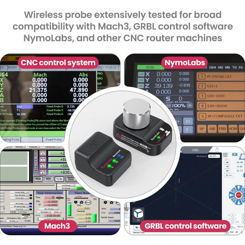 Pro Grade Wireless Z Axis Probe Tool Setter for CNC Router, showing compatibility with Mach3, GRBL, and NymoLabs CNC systems