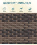 Close-up of rattan wicker material showing ventilation, UV resistance, waterproof, and washable features.