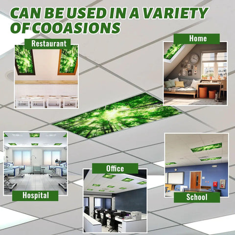 Four Pack 4x2 Feet Fluorescent Light Covers With Magnetic Filters For Classrooms, Offices, Homes And Hospitals Forest Green Decorative Ceiling Shade Easy Snap Fit Keeps Glow Soft And Glare Free installed in different rooms