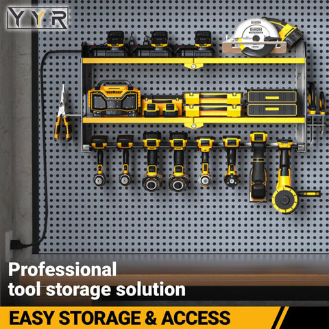 Pro Grade Power Tool Organizer With Charging Station Wall Mount And Surge Protected Power Strip for garage organization.