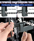 Hands using 13 Piece Chain Breaker Tool Kit For Motorcycles, ATVs, And Bicycles, Heavy Duty Chain Cutter And Riveter Set