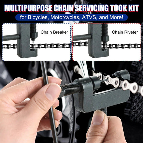 Hands using 13 Piece Chain Breaker Tool Kit For Motorcycles, ATVs, And Bicycles, Heavy Duty Chain Cutter And Riveter Set