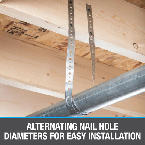 Galvanized Hanger Strap 28 Gauge Bagged Three Quarter Inch by 10 Feet suspending pipe from wooden rafters