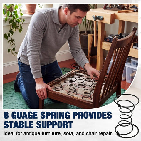 15 Piece 6 Inch Upholstery Coil Springs Set Knotted Ends Sofa Chair Couch Repair High Elastic Steel DIY Furniture Fixin Easy Hook On Install No Sweat Rig Up Smooth Results in use for furniture restoration.