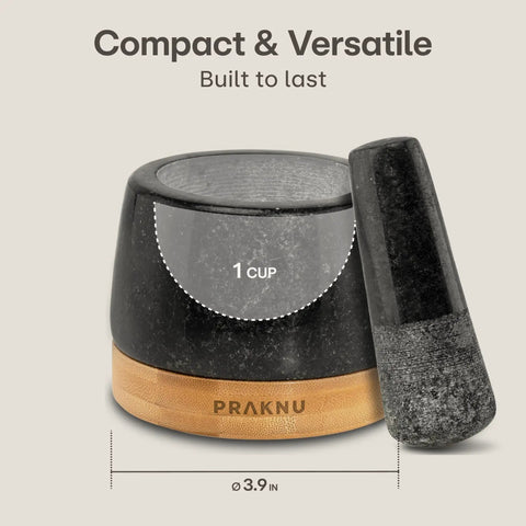 Heavy Duty 1 Cup Granite Mortar And Pestle Set For Spices And Herbs Molcajete Style Stone Grinder With Non Slip Wooden Base