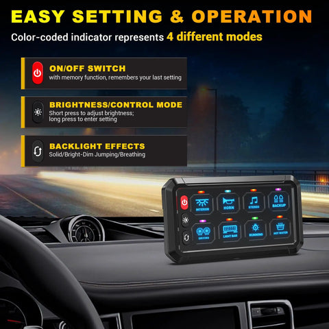 8 Gang Switch Panel With 3 Silicone Buttons For On Off Memory Function, Brightness Adjust And Single Color Mode on dashboard