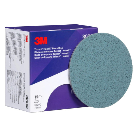 Trizact Hookit Foam Disc P5000 3 Inch Blue Pack Of 15 box with visible single foam disc