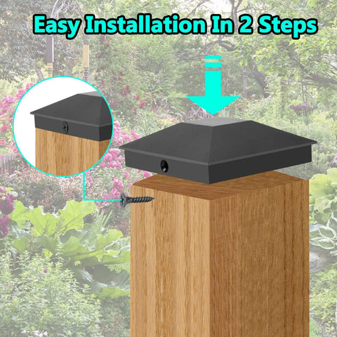 4x4 Wood Fence Post Cap 3.5x3.5 Inches Black, PP Plastic Waterproof UV Proof Keeps Posts From Cracking And Rotting, Fits 3.58x3.58 Inner Diameter shown on wood post.