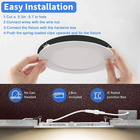 Hands holding 5-inch LED recessed light with junction box, showing installation steps for basements and living rooms.