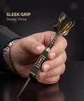 Hand holding Six Pack Knurled Brass Darts with Steel Tips and Aluminum Shafts in an EVA Case, 20g Precision Barrels
