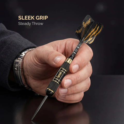 Hand holding Six Pack Knurled Brass Darts with Steel Tips and Aluminum Shafts in an EVA Case, 20g Precision Barrels