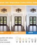 Two Light Black Rustic Wood Farmhouse Flush Mount Ceiling Light Fixture With Totally Vintage Charm Super Durable Finish And No Sweat Install For Awesome Room Style showcasing different ambient lighting temperatures.