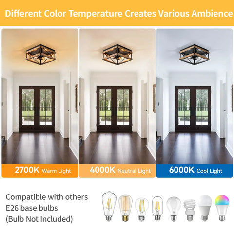 Two Light Black Rustic Wood Farmhouse Flush Mount Ceiling Light Fixture With Totally Vintage Charm Super Durable Finish And No Sweat Install For Awesome Room Style showcasing different ambient lighting temperatures.