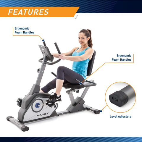 Magnetic Recumbent Exercise Bike With Eight Resistance Levels NS40502R Grey showing ergonomic foam handles and level adjusters