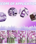 4 Pack 9 Inch Small Gift Bags With Handles, Floral Purple Tulip Design, Tissue Paper Included, Gift Bags For Birthday, Mother's Day, Grandma, New Mom, Women, Easy Gift Wrapping For Any Occasion displayed with gift items and flowers.