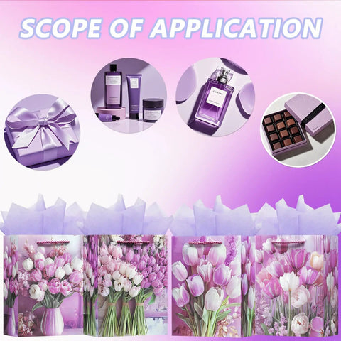 4 Pack 9 Inch Small Gift Bags With Handles, Floral Purple Tulip Design, Tissue Paper Included, Gift Bags For Birthday, Mother's Day, Grandma, New Mom, Women, Easy Gift Wrapping For Any Occasion displayed with gift items and flowers.
