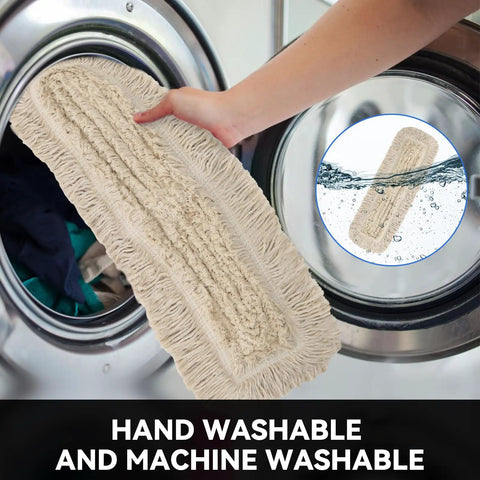 Top Notch 36 Inch Microfiber Dust Mop Head Replacement For Heavy Duty Commercial Floor Cleaning And Janitorial Supplies Blue Three Pack Refills being placed in a washing machine.
