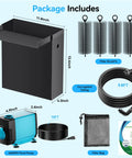 Easy Install Pond Waterfall Spillway Kit With 660 GPH Pump 304 Stainless Steel Waterfall Box With Filtration And Nine Point Eight Foot Corrugated Tubing Outdoor Fountain Kit For Garden Koi Pond Or Backyard packaging contents.