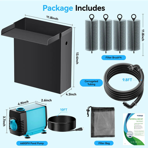 Easy Install Pond Waterfall Spillway Kit With 660 GPH Pump 304 Stainless Steel Waterfall Box With Filtration And Nine Point Eight Foot Corrugated Tubing Outdoor Fountain Kit For Garden Koi Pond Or Backyard packaging contents.