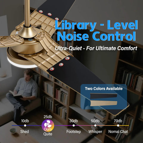 52 Inch Outdoor Wood Ceiling Fan With Lights And Remote, gold finish, noise control feature shown in living room setting