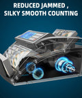 Fast Money Counter Machine For USD And EUR With Value Counting No Fuss Cash Counter Featuring UV IR MG DD DBL HLF CHN Counterfeit Detection Add And Value Modes Large LCD Display showing inner mechanisms and currency display.