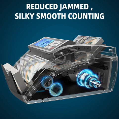 Fast Money Counter Machine For USD And EUR With Value Counting No Fuss Cash Counter Featuring UV IR MG DD DBL HLF CHN Counterfeit Detection Add And Value Modes Large LCD Display showing inner mechanisms and currency display.