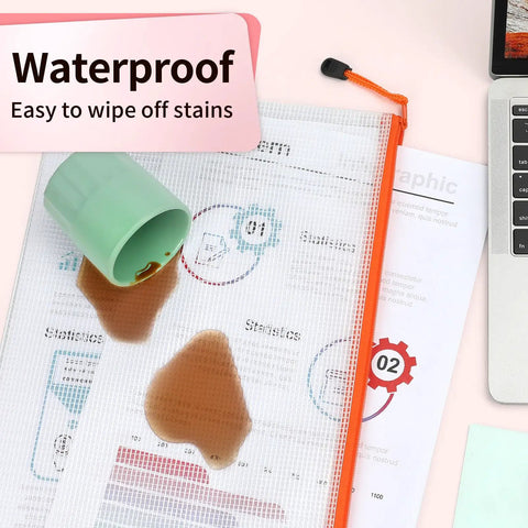 Mega Zipper Pouch Set, 16.9 by 12.4 Inches, Waterproof Zipper Bags resisting coffee spill, showing easy wipe-off feature