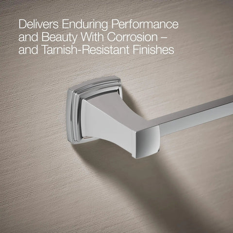 Riff 24 Inch Towel Bar Polished Chrome Built To Last Durable Zinc Construction Premium Metal Bath Hardware Corrosion And Tarnish Resistant Finish Coordinates With Other Riff Collection Pieces For Modern Bathrooms, close-up of wall mount