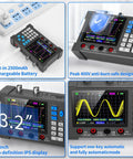 Visual features of the Handheld Digital Oscilloscope Kit With 2 Channel Input, 120MHz Bandwidth, 3.2 Inch TFT Display, Built In DDS Signal Generator, 250MSa Per Second Sampling, Portable On-The-Go Automotive Oscilloscope And Multimeter.