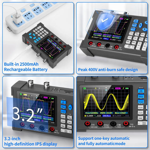 Visual features of the Handheld Digital Oscilloscope Kit With 2 Channel Input, 120MHz Bandwidth, 3.2 Inch TFT Display, Built In DDS Signal Generator, 250MSa Per Second Sampling, Portable On-The-Go Automotive Oscilloscope And Multimeter.