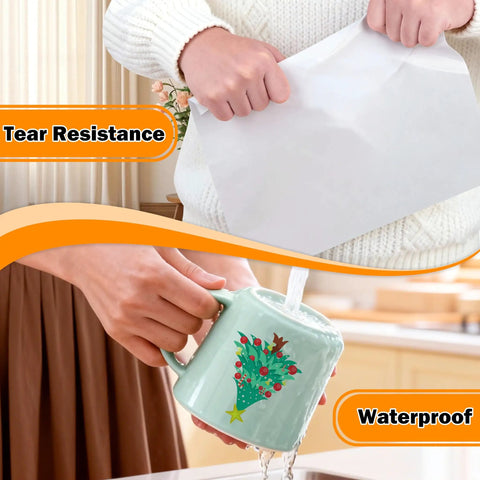 Woman showcasing Pro Grade Clear Vinyl Sticker Paper's tear resistance while pouring water on a decorated mug.