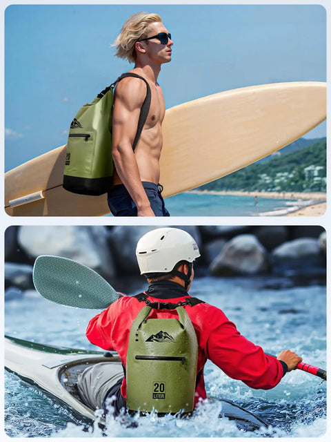 Man on beach with paddleboard and Lightweight Waterproof Dry Bag With Front Zip Pocket 10L Roll Top Closure Keeps Your Gear Dry For Travel Kayaking Boating Rafting Camping Hiking And Beach Days Green; kayaker with same bag in whitewater.