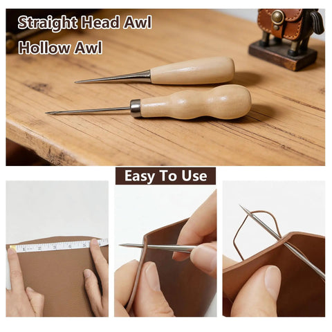 Straight head awl and hollow awl from All In One Leather Repair Kit With Waxed Thread And Heavy Duty Tools For Car Seats, Sofas, And Carpets