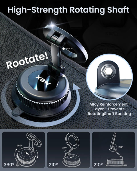 Two In One Car Phone Mount With Magnetic Clip For MagSafe And Android, 360 Degree Suction Holder for dashboard, showing rotating shaft
