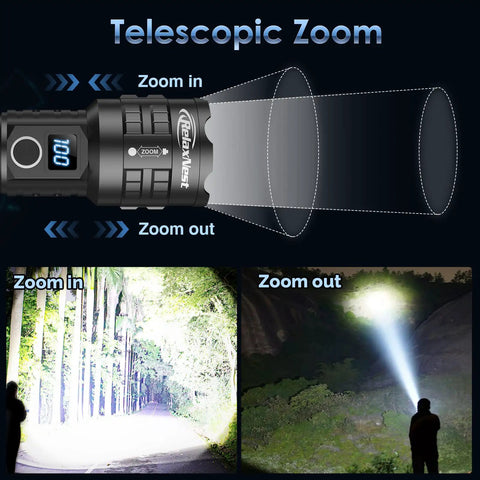 Rechargeable LED Flashlight Beast Mode 250000 Lumens with LCD Display showing zoomable beam in forest