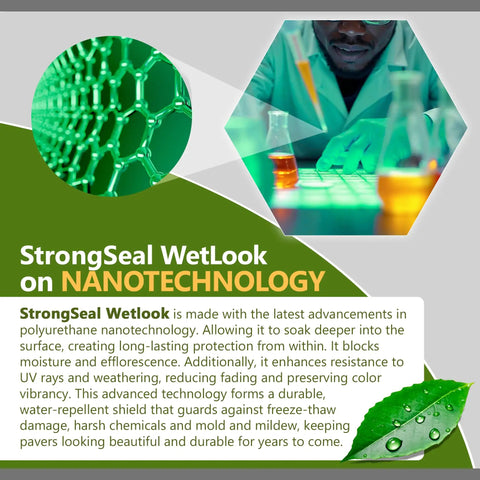 StrongSeal WetLook Paver Sealer showing nanotechnology with laboratory setup, highlighting moisture resistance and durability.