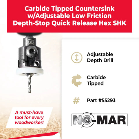 Carbide tipped 82 Degree Countersink With Adjustable Low Friction Depth Stop And Quick Release Hex Shank shown with specs.
