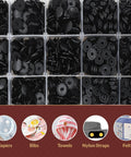 150 Sets Black 12Mm No Sew Plastic Snap Fasteners Kit With Press On Tools Pliers For Diy Sewing Fabric And Clothes Easy Snap Closures For Baby Clothes Shirts Dresses Bags And More, shown in storage box with different uses like diapers, bibs, and towels displayed.