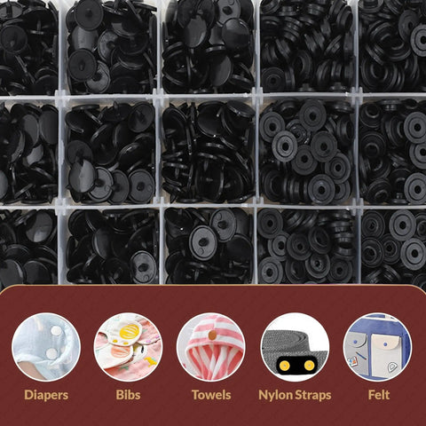 150 Sets Black 12Mm No Sew Plastic Snap Fasteners Kit With Press On Tools Pliers For Diy Sewing Fabric And Clothes Easy Snap Closures For Baby Clothes Shirts Dresses Bags And More, shown in storage box with different uses like diapers, bibs, and towels displayed.