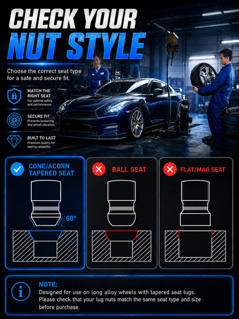 Check your nut style guide for Heavy Duty Anti Theft Wheel Lock Lug Nuts M14x1.5 fitment, showing cone tapered seat vs ball and flat seats.