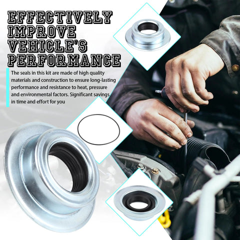 Front view of axle seal kit with metal and rubber outer tube seals and vacuum shaft seals for Ford F-Series Super Duty.