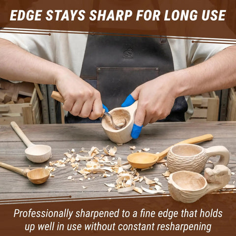 Right Handed Spoon Carving Hook Knife used on wooden kuksa cup, ergonomic oak handle and curved blade for hollowing.