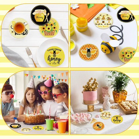 Bee Themed Diamond Painting Coasters Kit With Holder Eight Pattern Coasters Featuring Bee Gnome And Sunflower Designs
