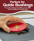 Five Pack Locking Reducer Rings For Router Plate Upgrade Professional Grade Slick Tight Fit Woodshop Accessory Precision Base Adapter No Wiggle Room Buttery Smooth Feed Through Kit, red composite ring for guide bushings in router plate.