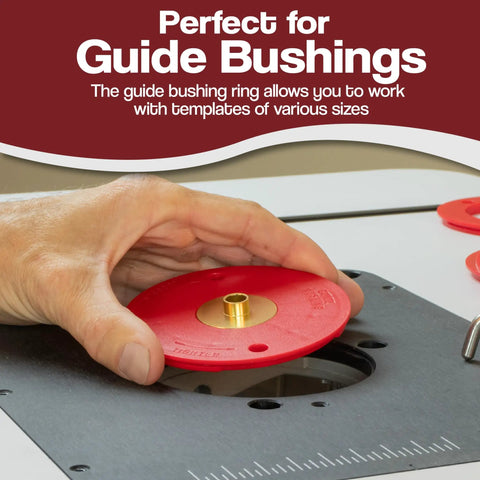 Five Pack Locking Reducer Rings For Router Plate Upgrade Professional Grade Slick Tight Fit Woodshop Accessory Precision Base Adapter No Wiggle Room Buttery Smooth Feed Through Kit, red composite ring for guide bushings in router plate.
