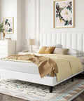 Full Size Velvet Upholstered Bed Frame With Channel Tufted Headboard And Heavy Duty Wooden Slats Platform Bed Base No Box Spring Required Easy Peasy Assembly Straight Up Luxe White Look in a bright bedroom setting with neutral decor.